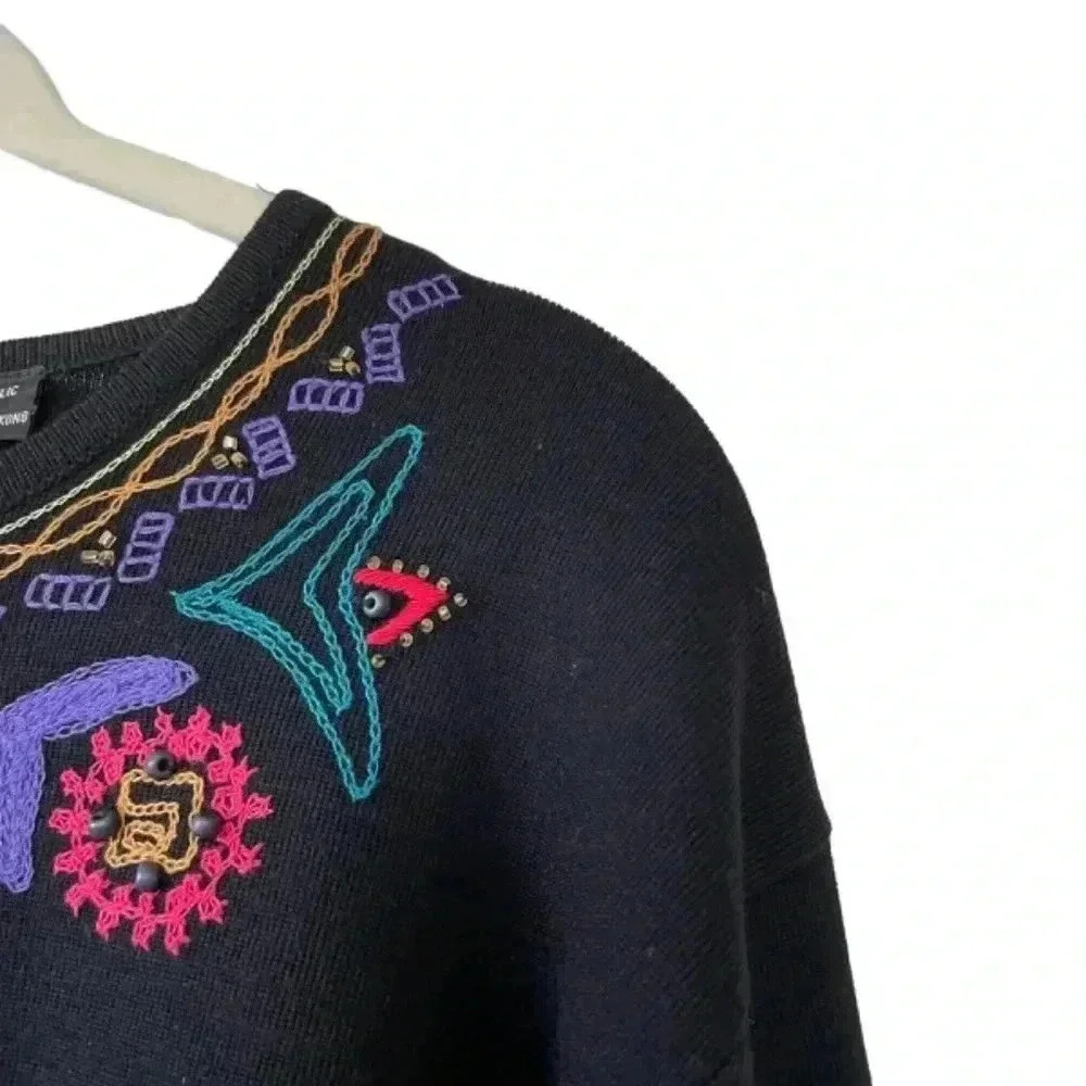 Carole Little Beaded Black Sweater Tunic Dress Size Medium Vintage Long Sleeves - Picture 4 of 9